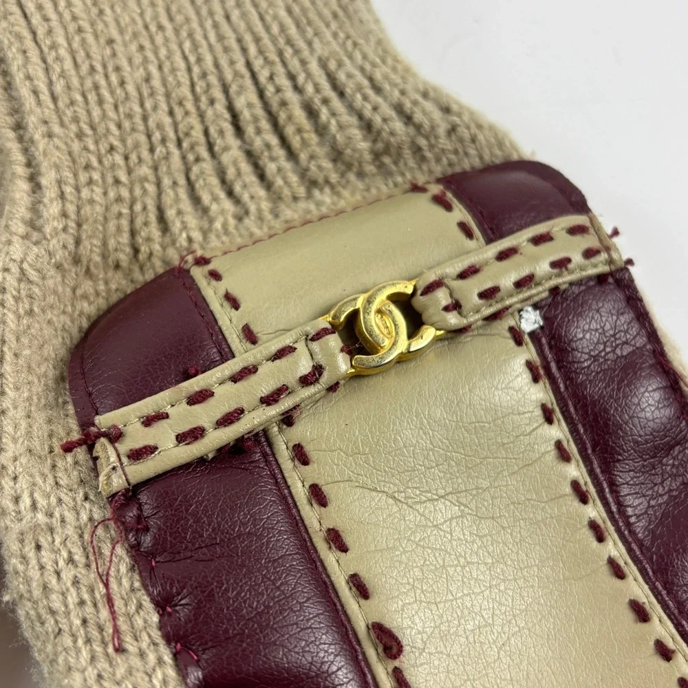 Vintage English Village Knit Leather Driving Gloves Womens Tan‎ Burgundy Gold CC